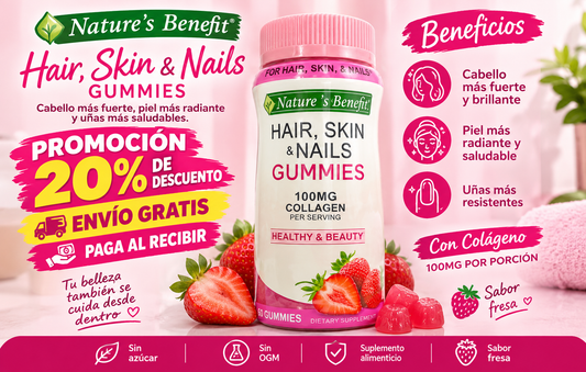 🍓 40 Gomitas Hair, Skin & Nails con Colágeno y Biotina – Belleza desde Adentro